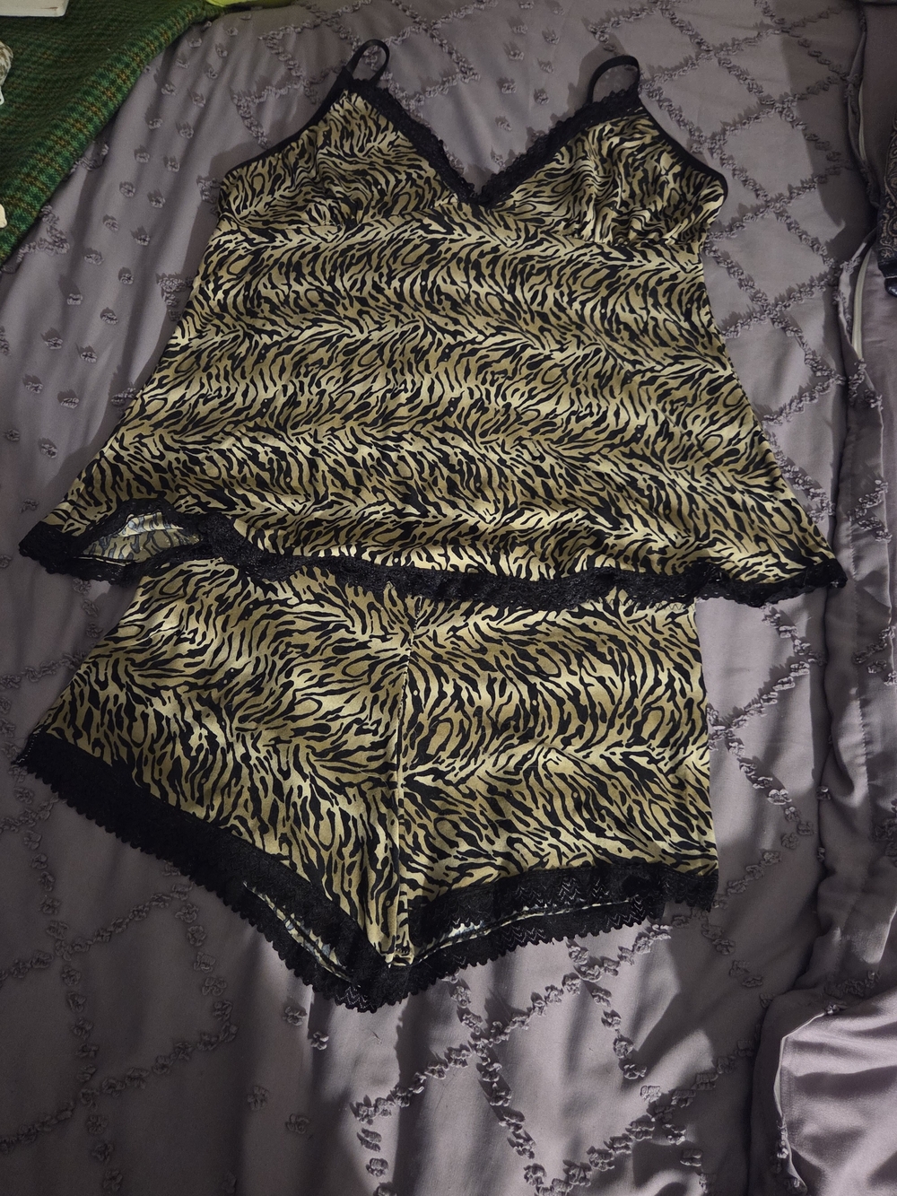 Trac Gold and Black Animal-Print Satin Cami & Short Set